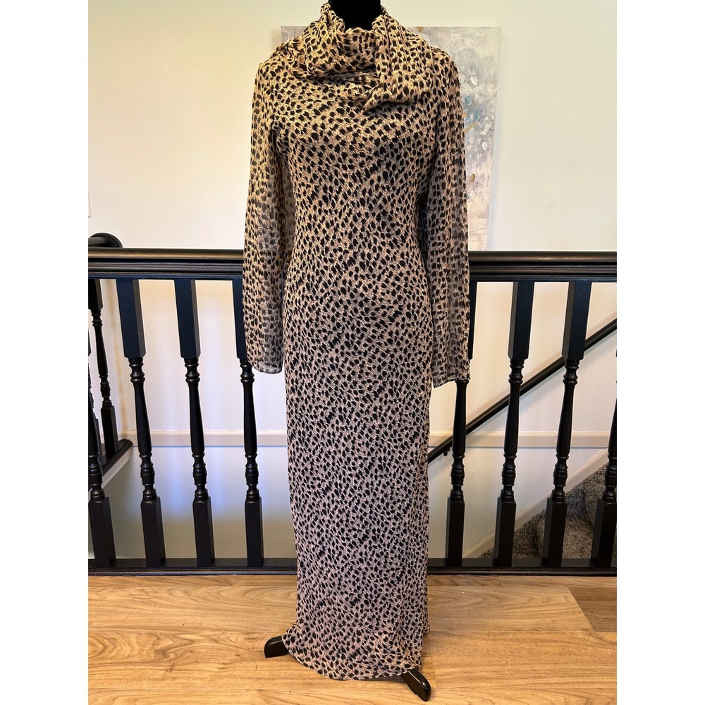 Gala Collection Silk Leopard Print Maxi Dress with Scarf Brown Black Womens S
